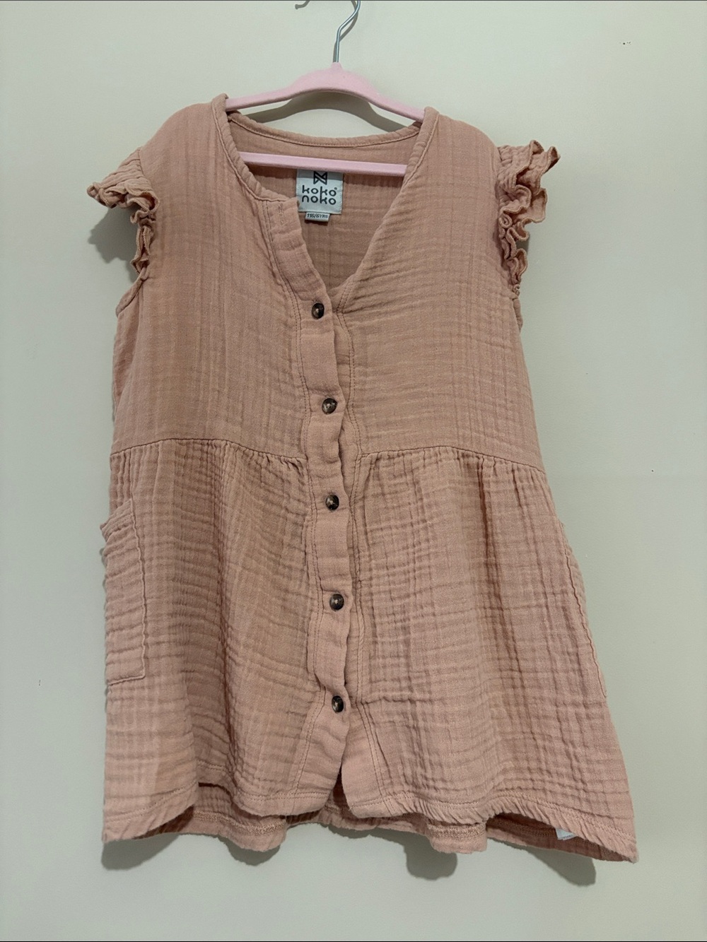 Dusty Pink Button-Front Ruffle Sleeve Girls' Dress